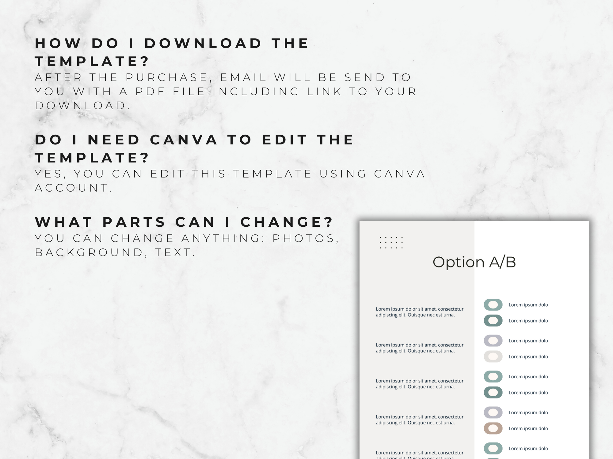 Instructions on downloading and editing a template with Canva, displayed on a white marble background.
