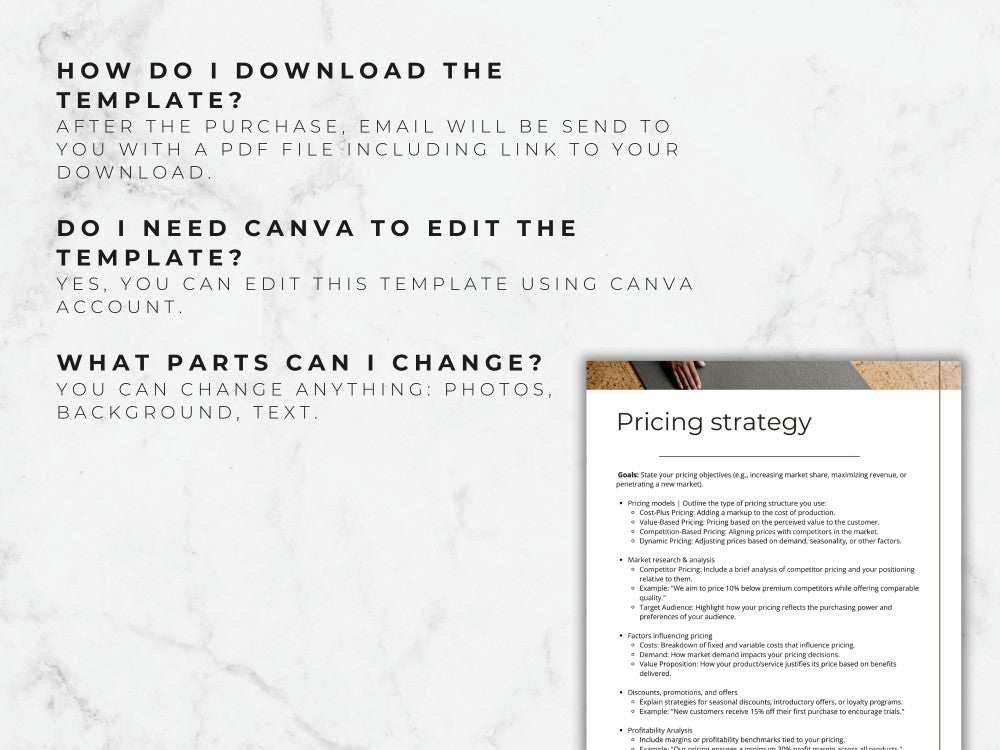 Pricing strategy document on a marble surface with text instructions.