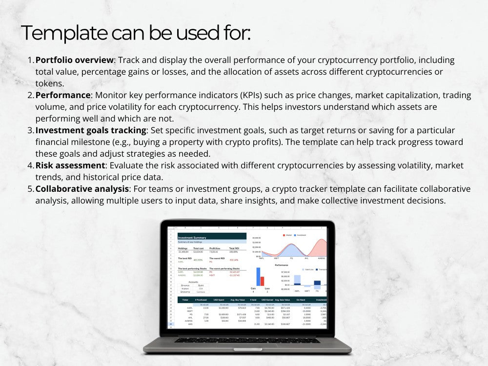 Laptop displaying a cryptocurrency portfolio analysis template on a light gray background