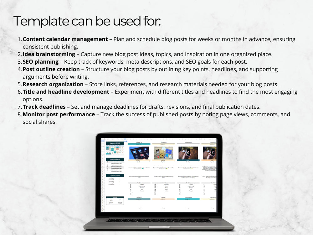 Laptop displaying a content management system with text on a white background