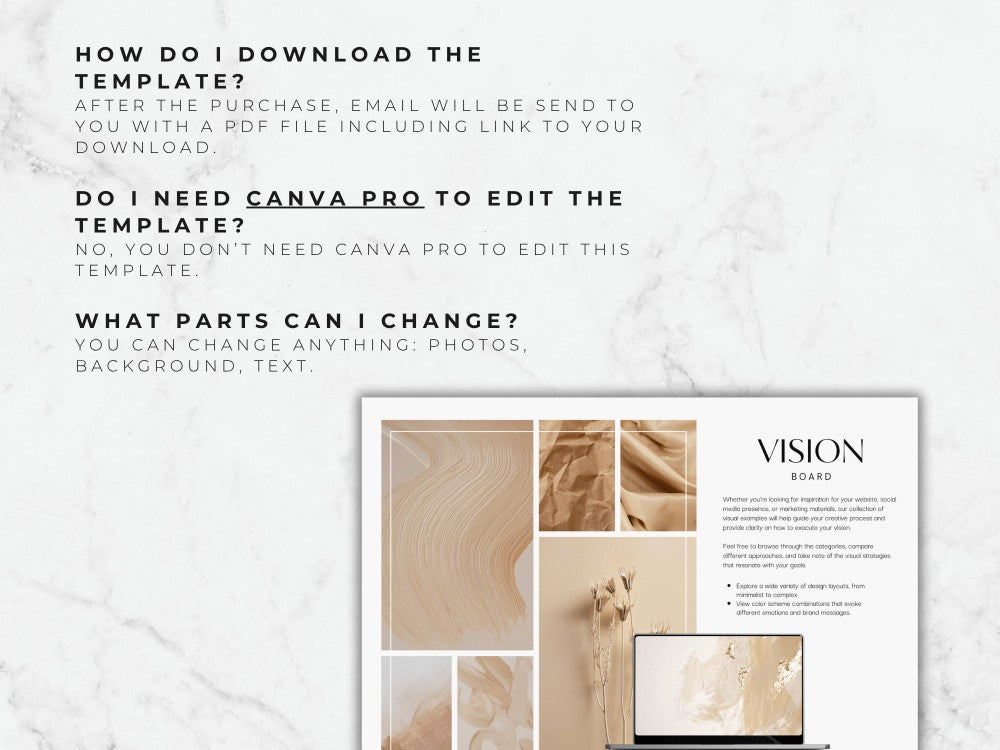 Informational text about downloading a template with a visual of a design board on a marble background.