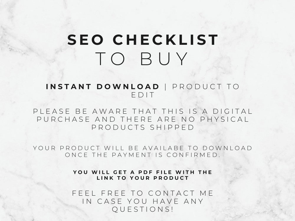 Text on a marble background about an SEO checklist for digital product purchases.