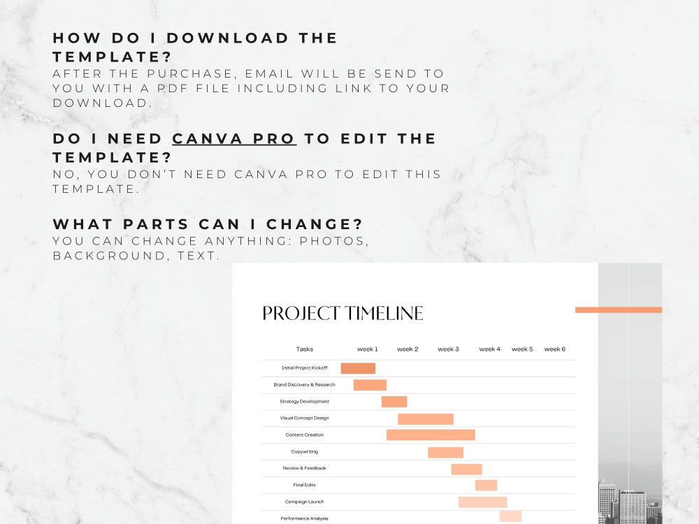 Project timeline template with text explaining download and editing information on a light gray background.
