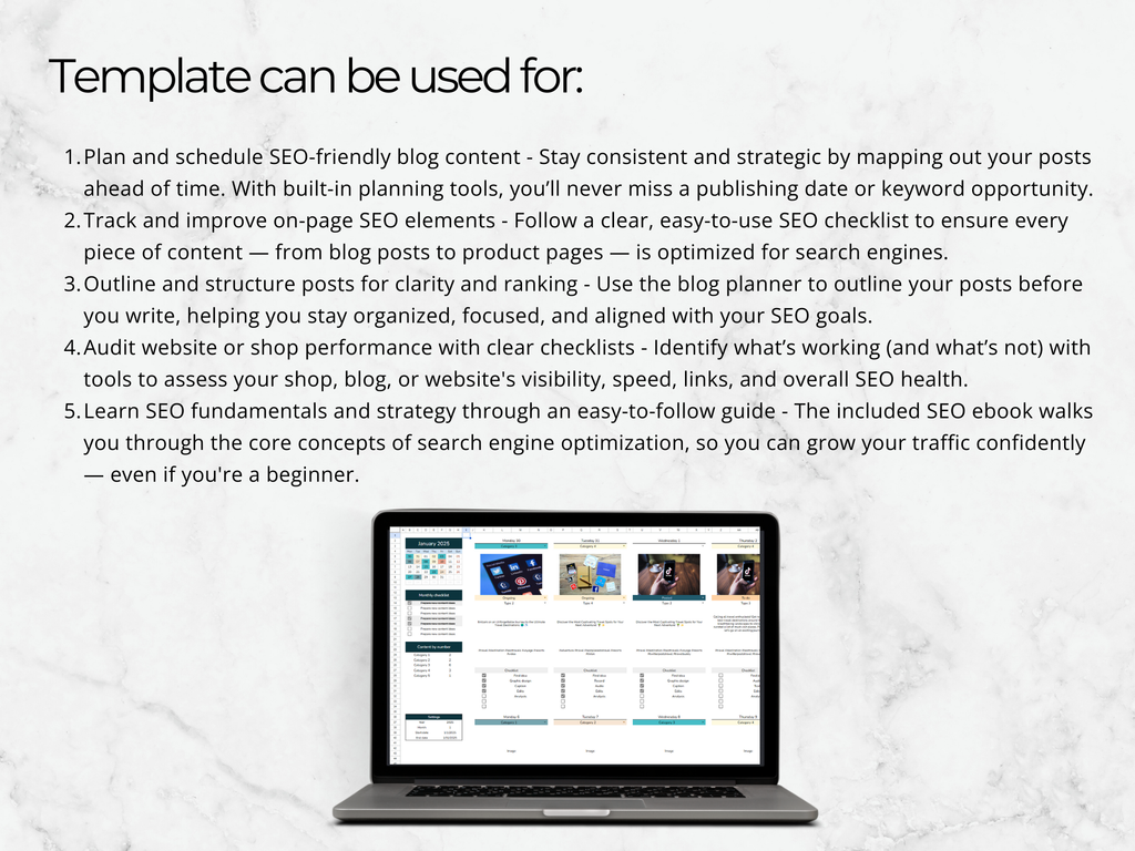 Laptop displaying a website on a white background with text about SEO planning tools.