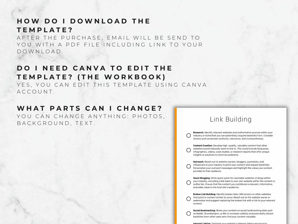 Instructions on downloading and editing a template with a sample document on a marble background.