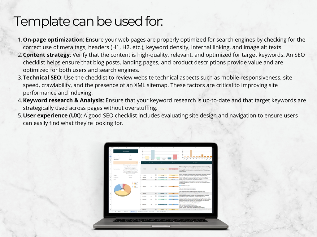 Laptop displaying an SEO dashboard with text on optimizing web pages, content strategy, technical SEO, keyword research, and user experience.
