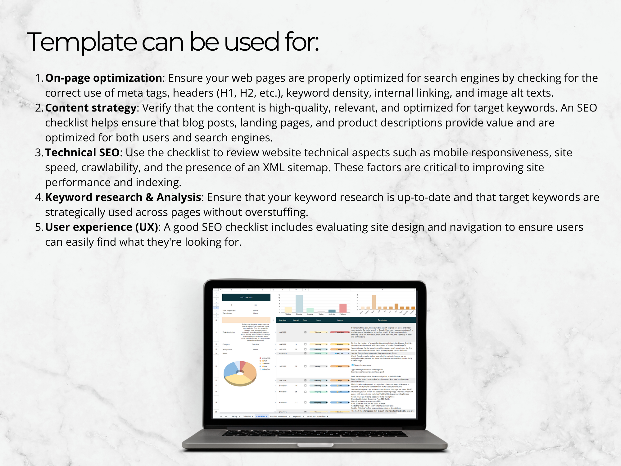 Laptop displaying an SEO dashboard with text on optimizing web pages, content strategy, technical SEO, keyword research, and user experience.