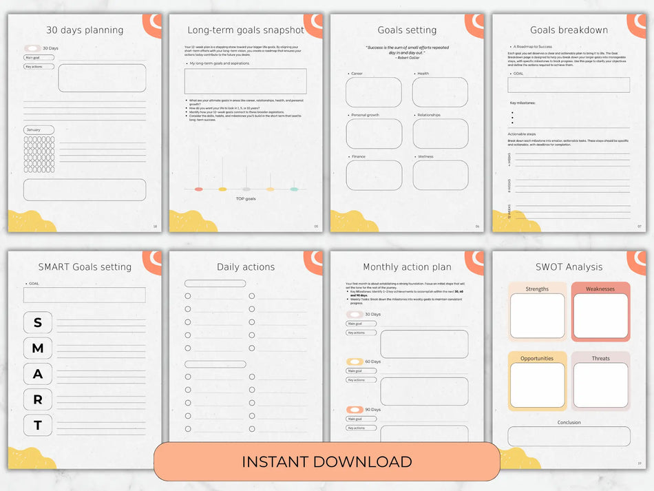 Set of goal-setting worksheets with various sections on a white background.