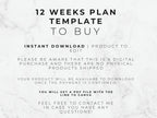 Text on a marble background about a 12-week plan template for digital download.