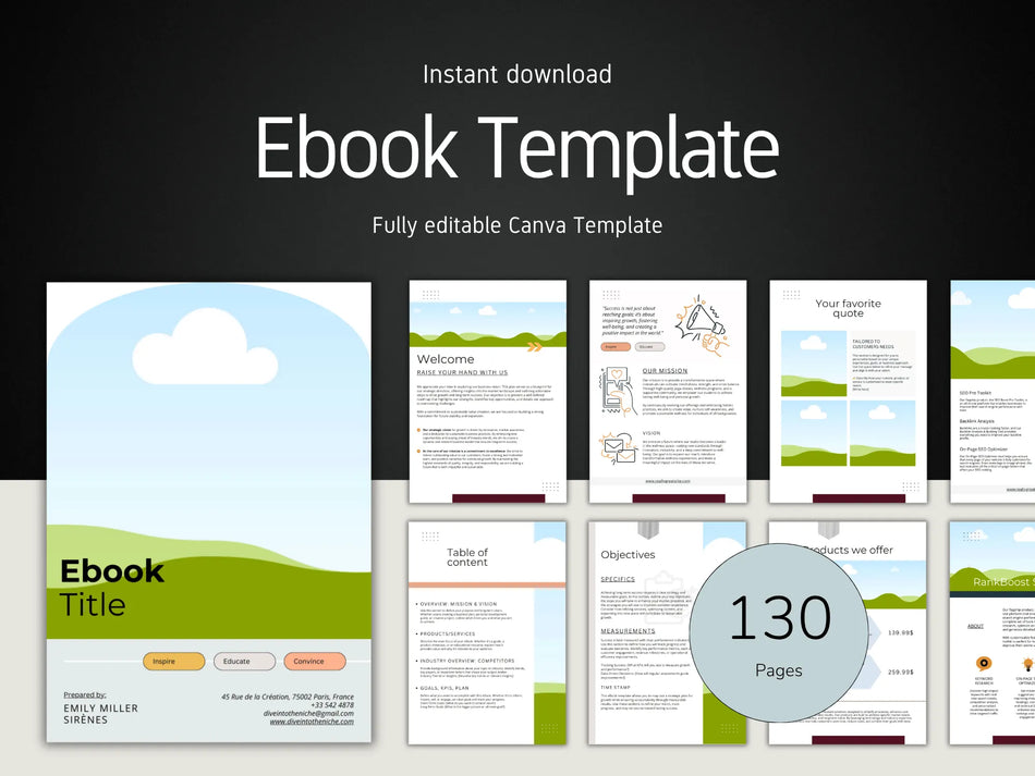 Ebook template with various pages displayed on a dark background