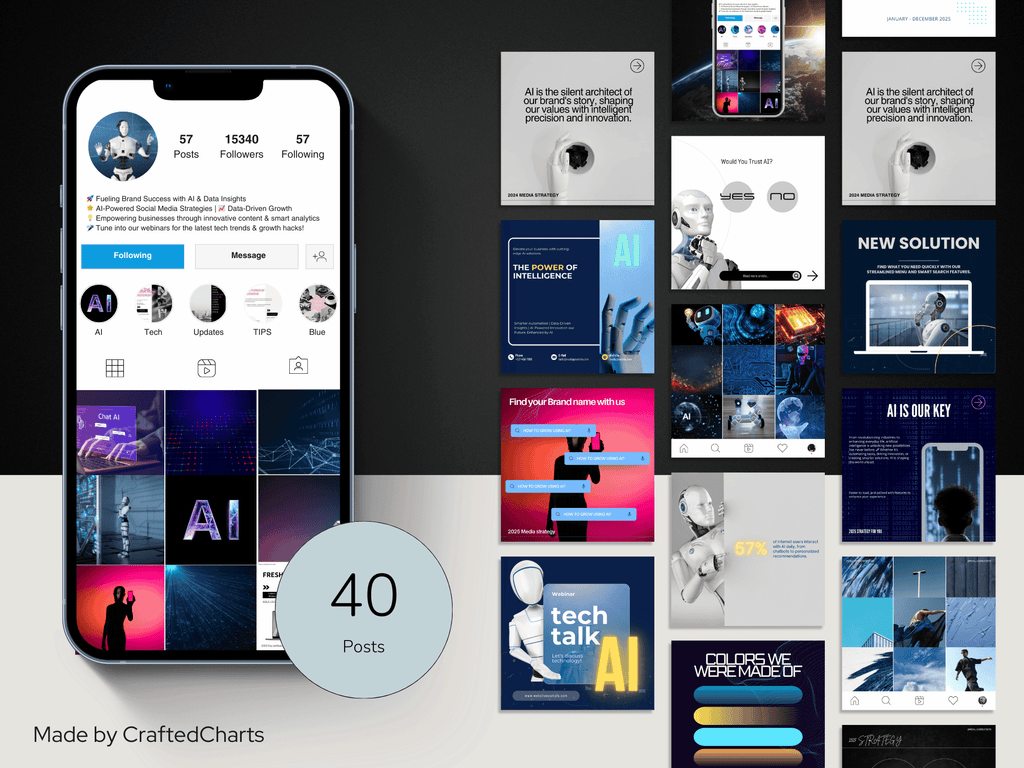 Phone displaying social media app with AI-themed posts on a black background
