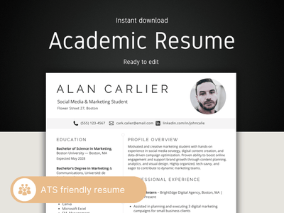 Academic resume template with a black background and text overlay.