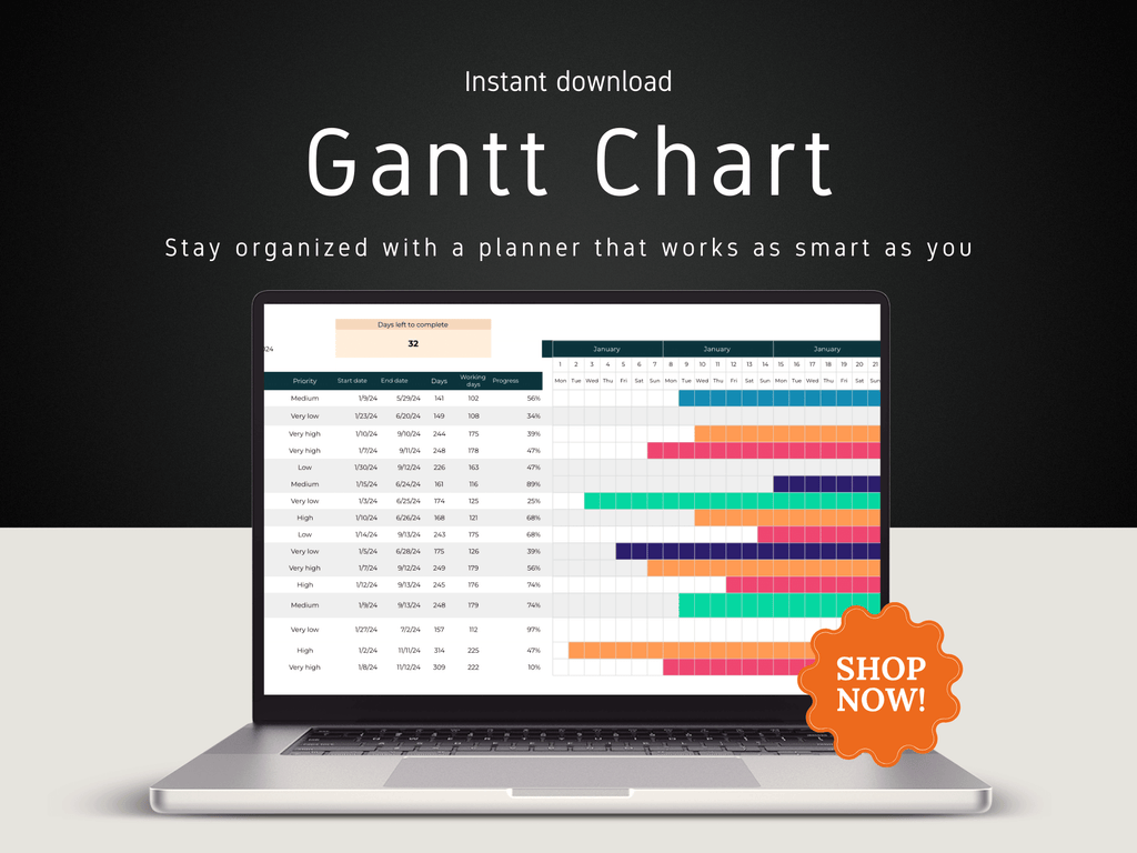 Laptop displaying a Gantt chart with promotional text on a dark background