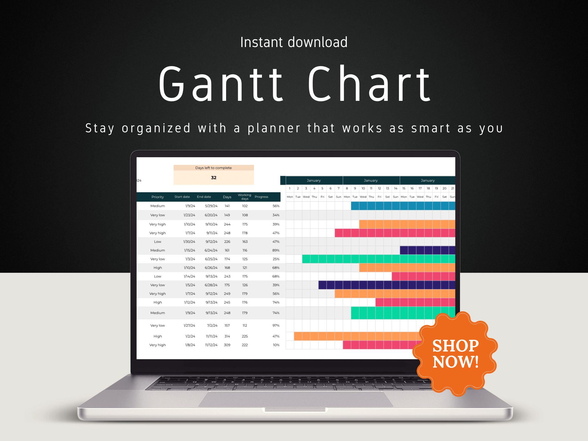 Laptop displaying a Gantt chart with promotional text on a dark background