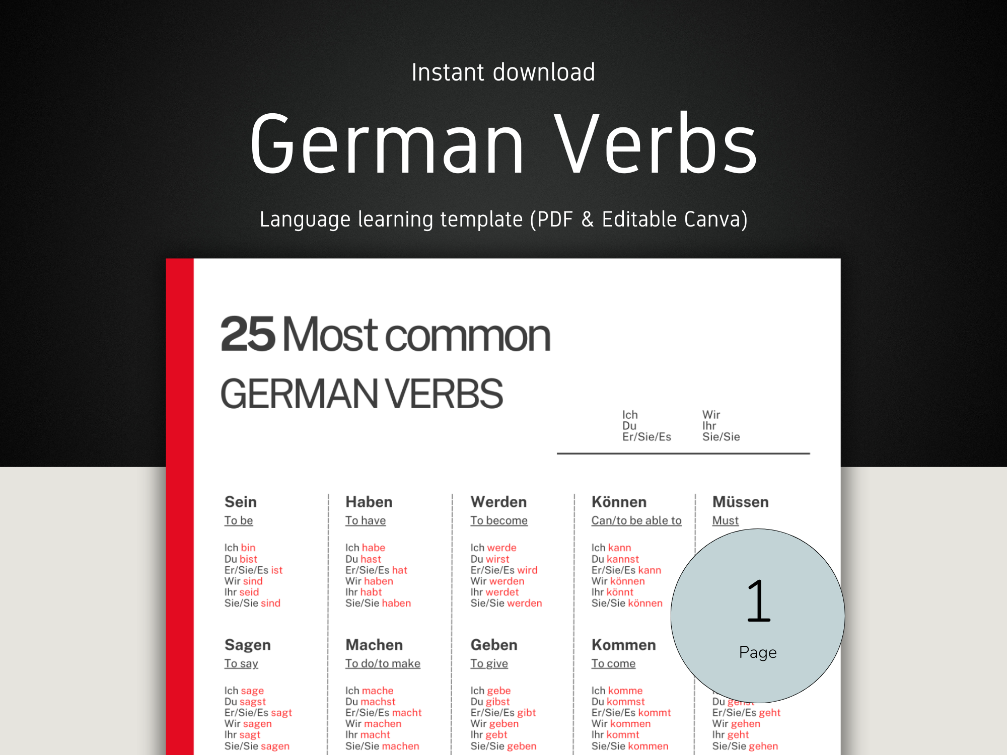 German verbs learning template with text and numbers on a white background