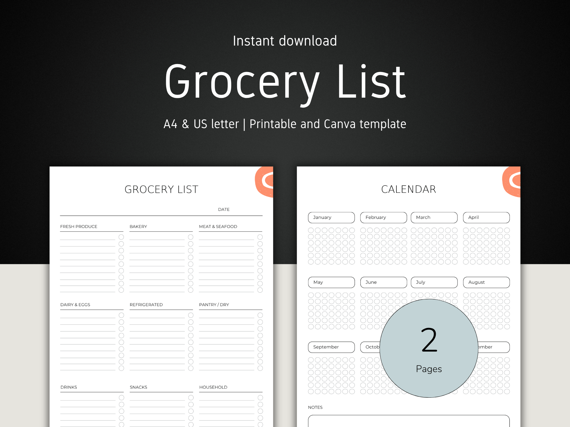 Grocery list and calendar template with Canva logo on a dark background