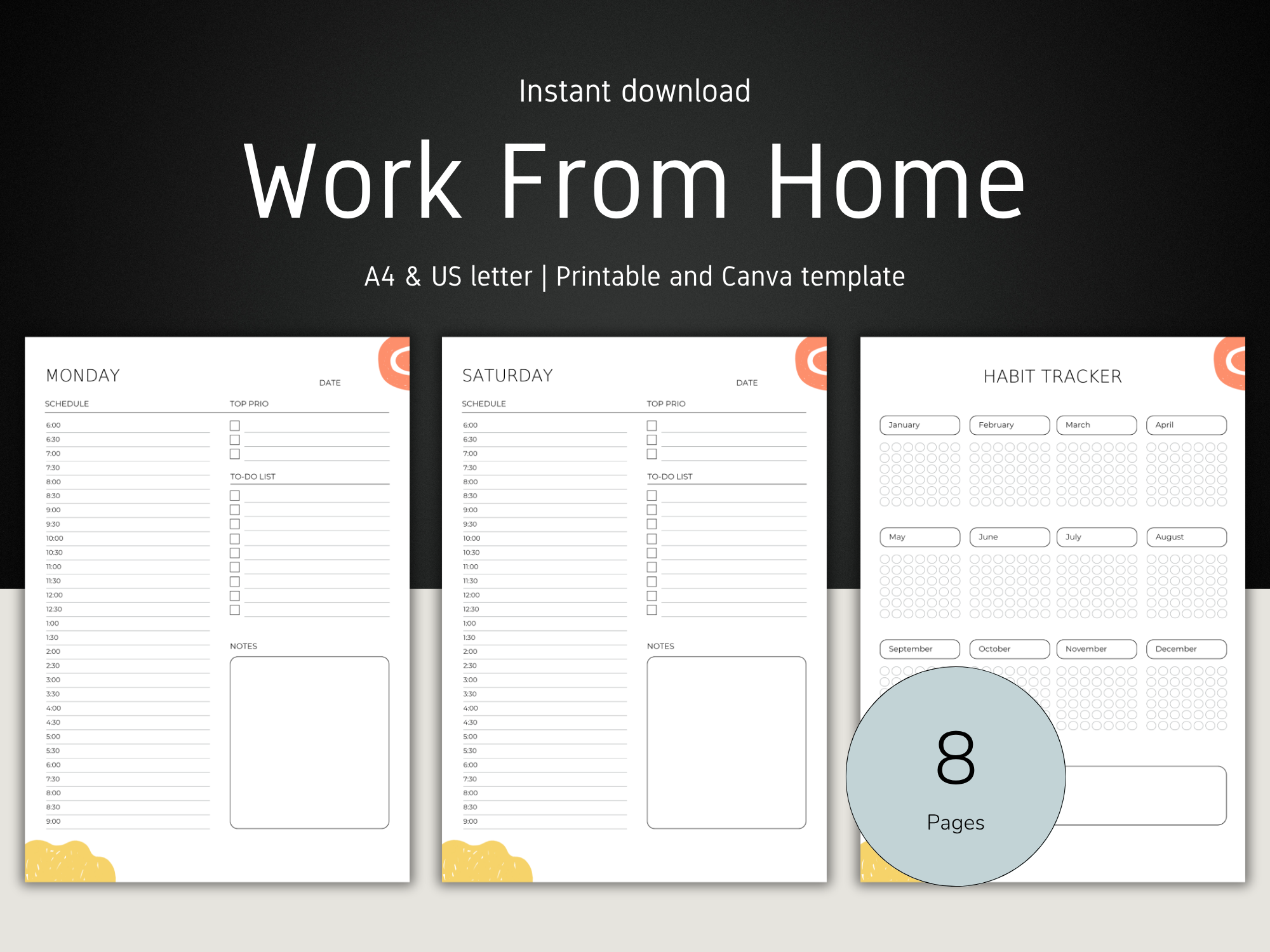 Work From Home Daily Planner: Hourly Schedule, Printable PDF (US Letter & A4)