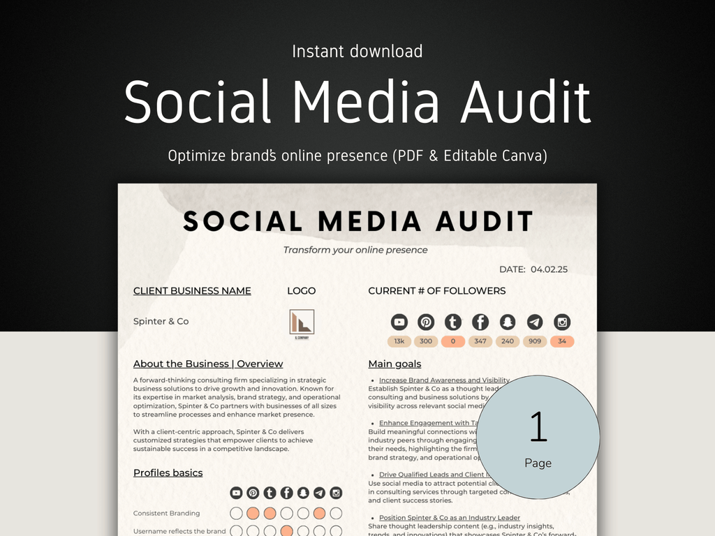 Social Media Audit template with branding elements on a dark background
