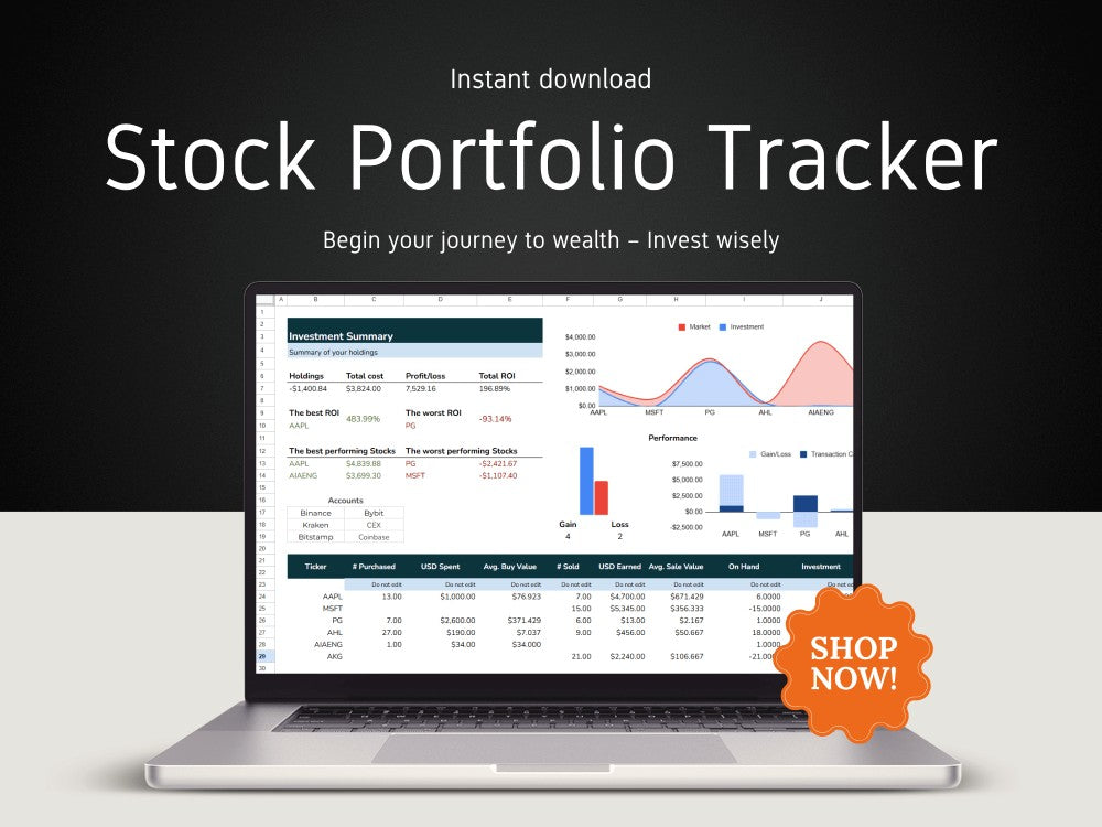 Laptop displaying a stock portfolio tracker with 'Shop Now!' button on a dark background