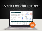 Laptop displaying a stock portfolio tracker with 'Shop Now!' button on a dark background