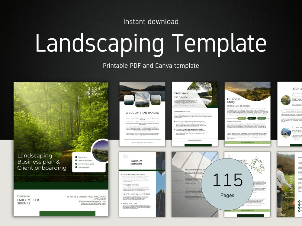 Landscaping Template with various pages displayed on a dark background