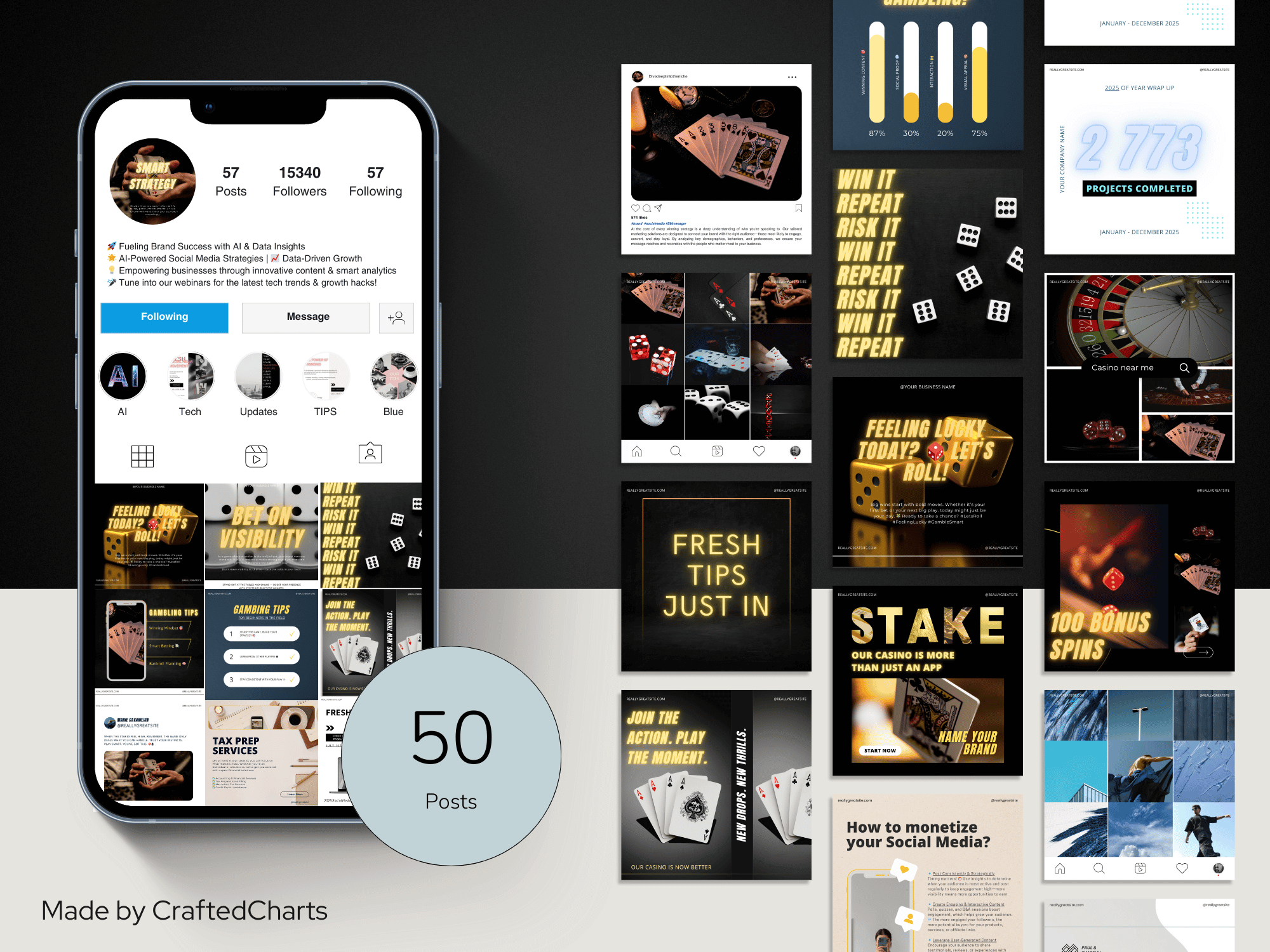 Collage of social media posts and a smartphone displaying a social media app with '50 Posts' label.