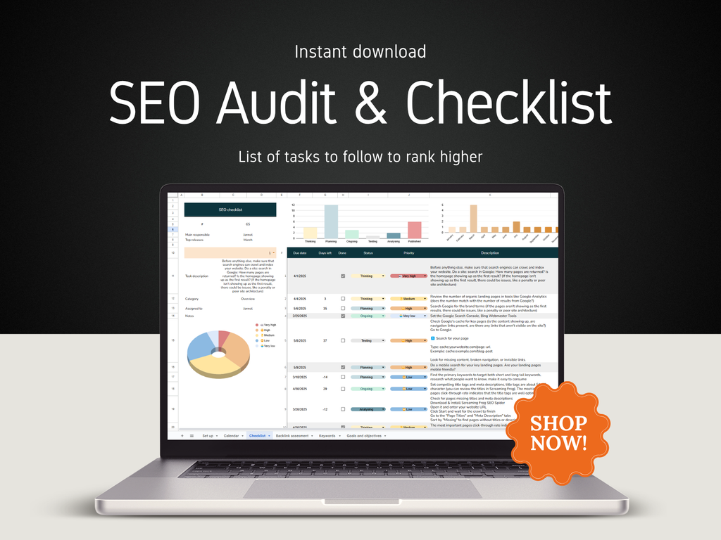 Laptop displaying an SEO audit checklist with a 'Shop Now!' button on a dark background