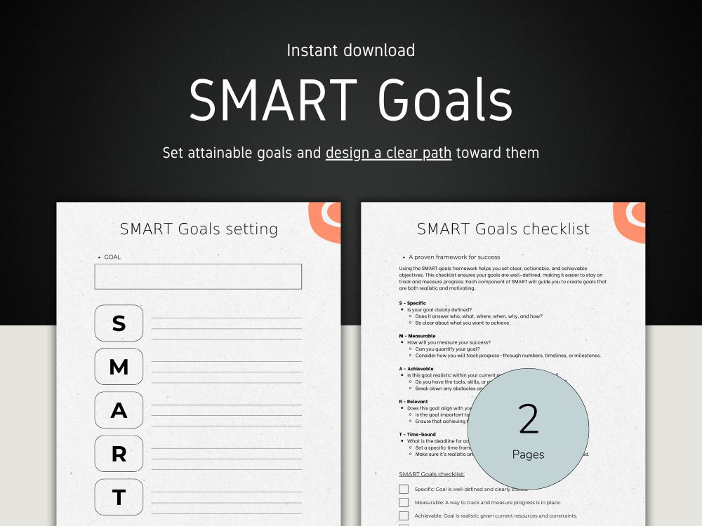 SMART Goals document with setting and checklist sections on a black background