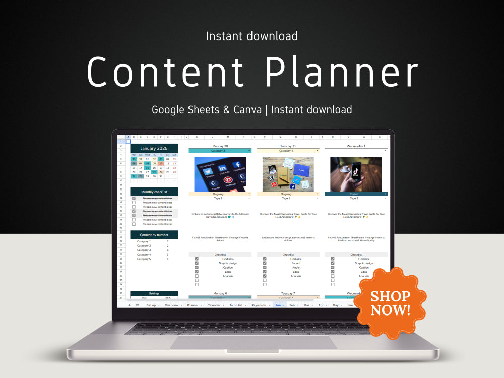 Laptop displaying a content planner on a dark background with 'Shop Now!' button.