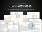 12-page social media content planning guide with monthly prompts on a black background