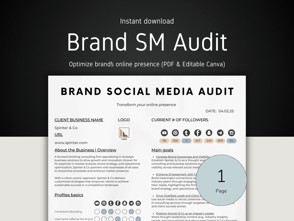 Brand Social Media Audit document with branding elements on a dark background