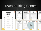 Sheet of team building games with titles and checkboxes on a black background