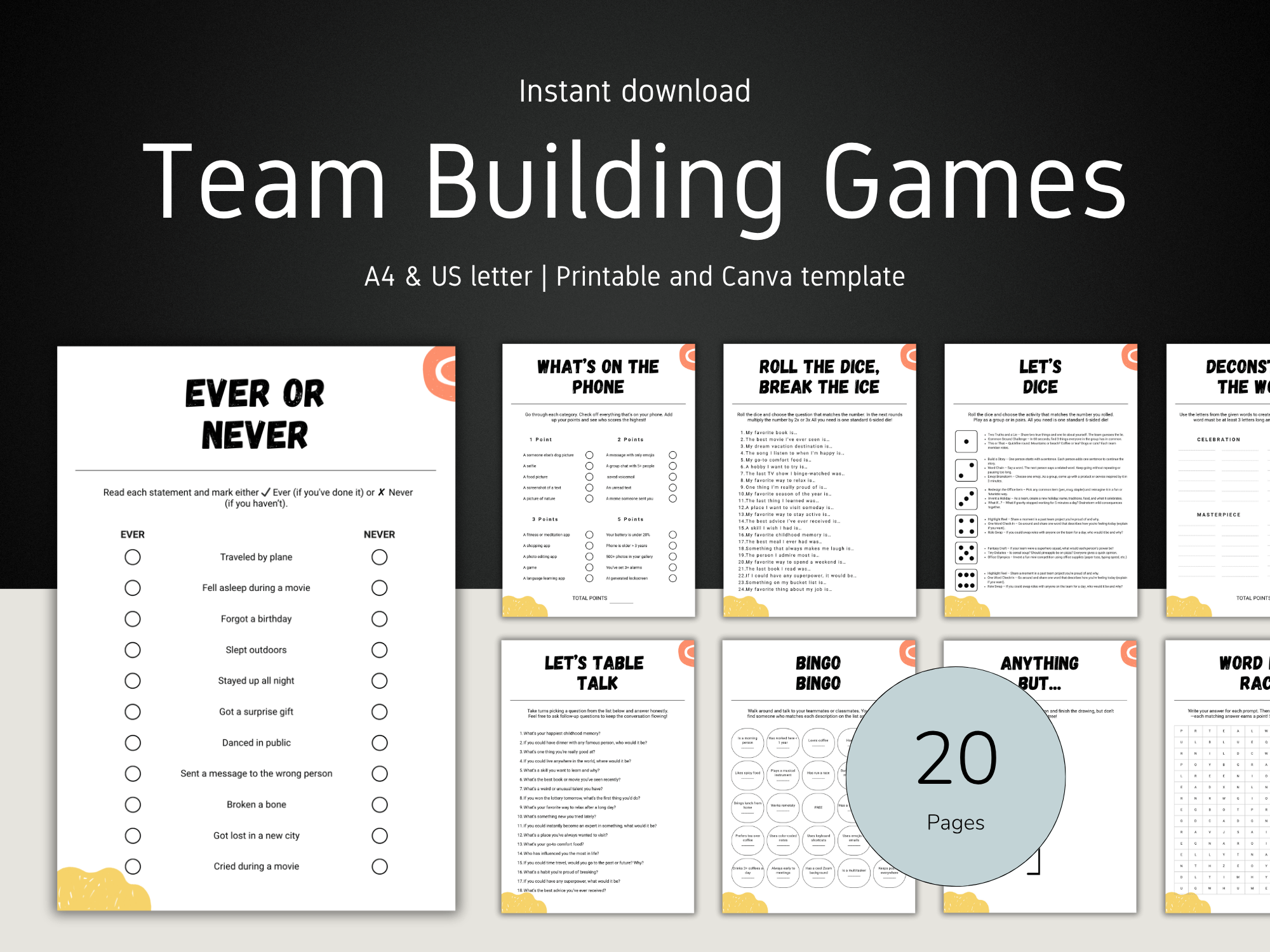 Sheet of team building games with titles and checkboxes on a black background