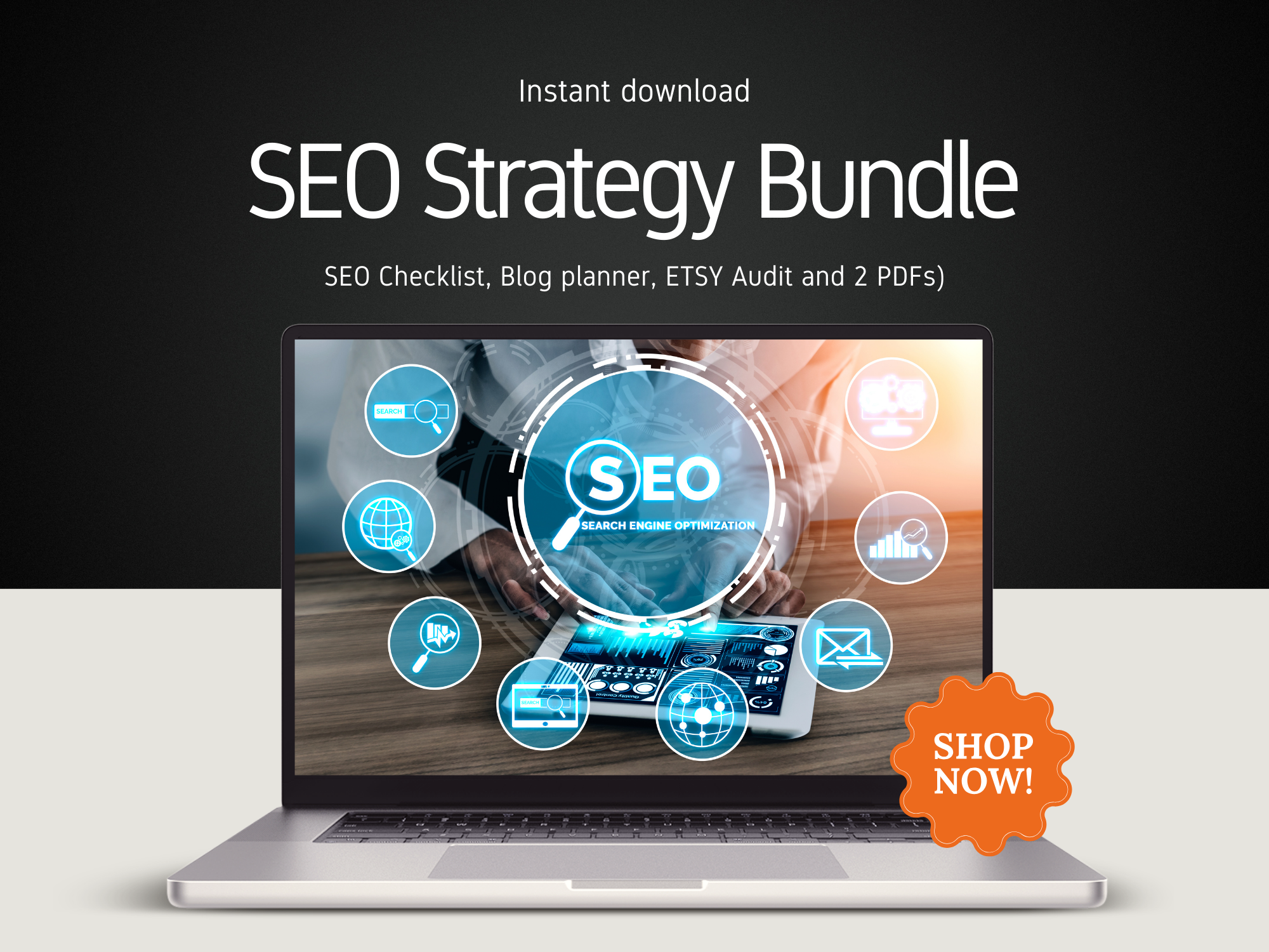 Laptop displaying SEO-related graphics with a 'Shop Now!' button on a dark background