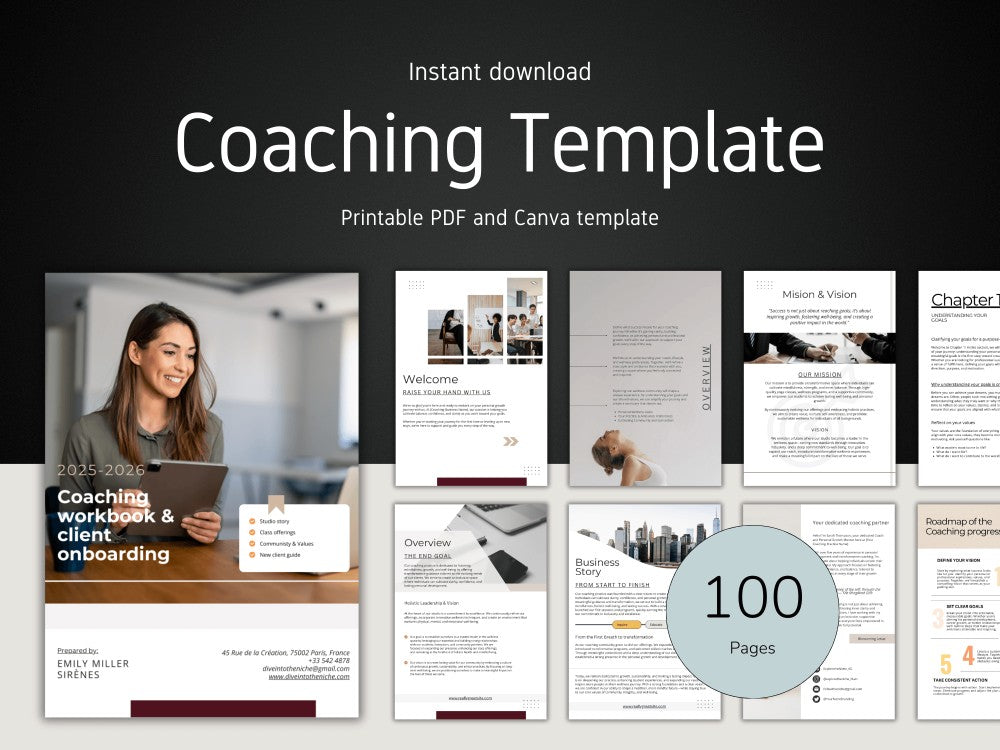 Coaching Template with various pages displayed on a dark background