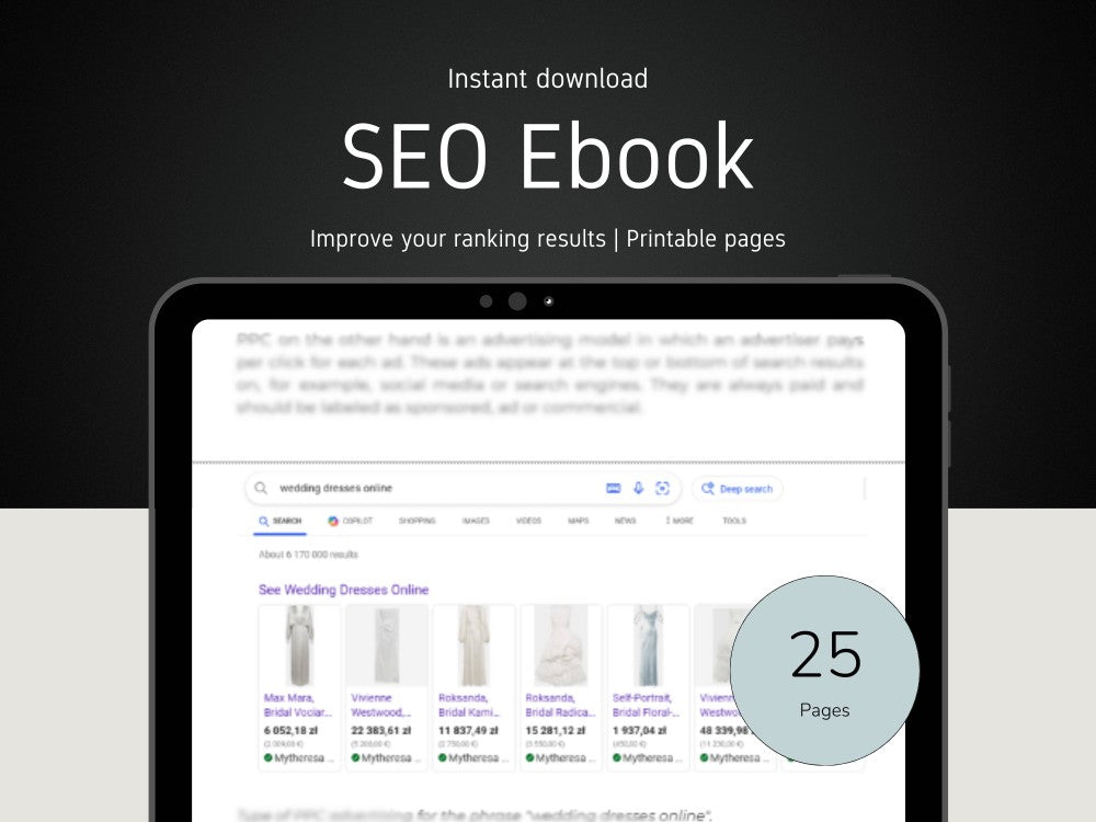 Tablet displaying an SEO ebook with a dark background