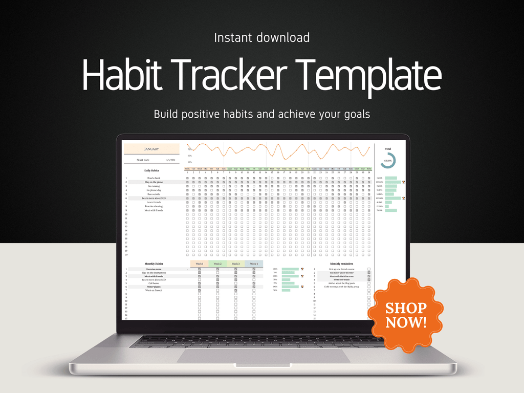 Laptop displaying a habit tracker template with a 'Shop Now!' button on a dark background