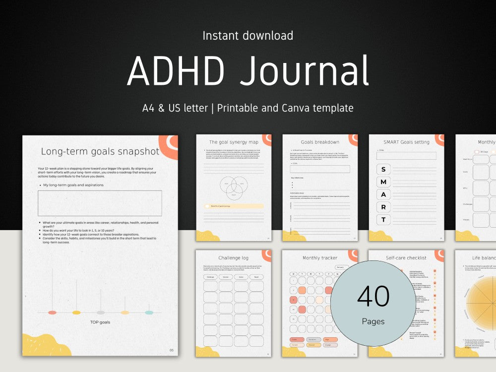 ADHD Journal with 40 pages on a black background