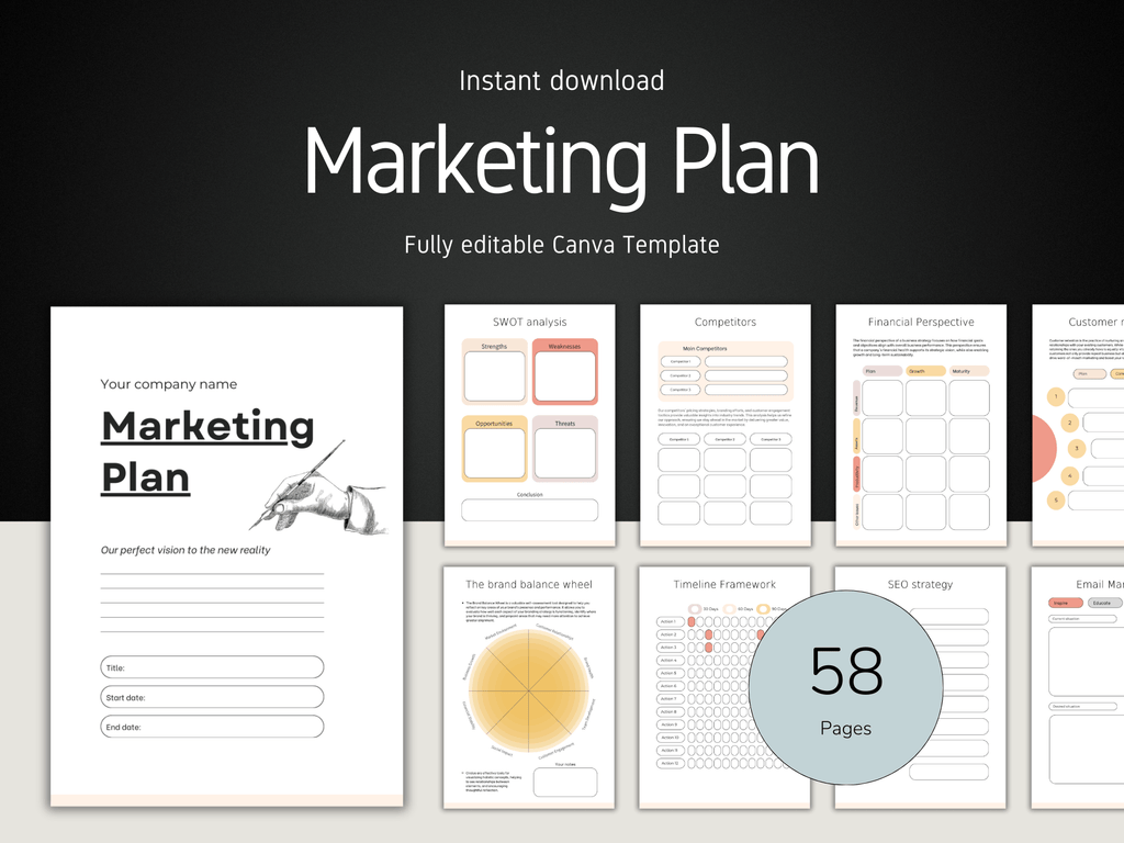 Marketing Plan template with various sections and a Canva logo on a dark background