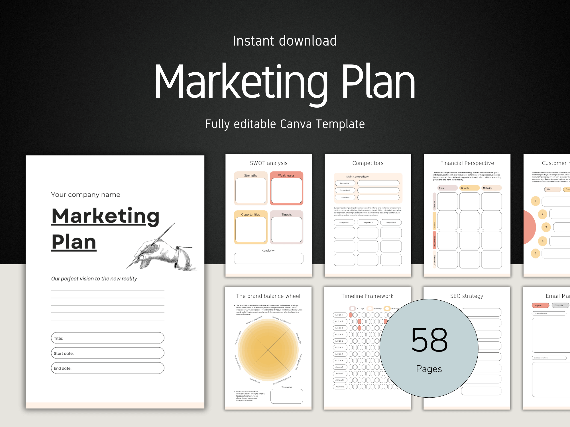 Marketing Plan template with various sections and a Canva logo on a dark background