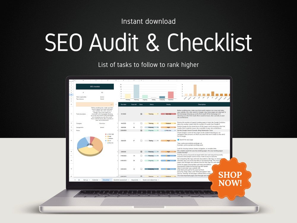Laptop displaying an SEO audit checklist with a 'Shop Now!' button on a dark background
