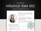 Olivia Biarritz's UGC (User Generated Content) for an influencer rate template on a black and white background.