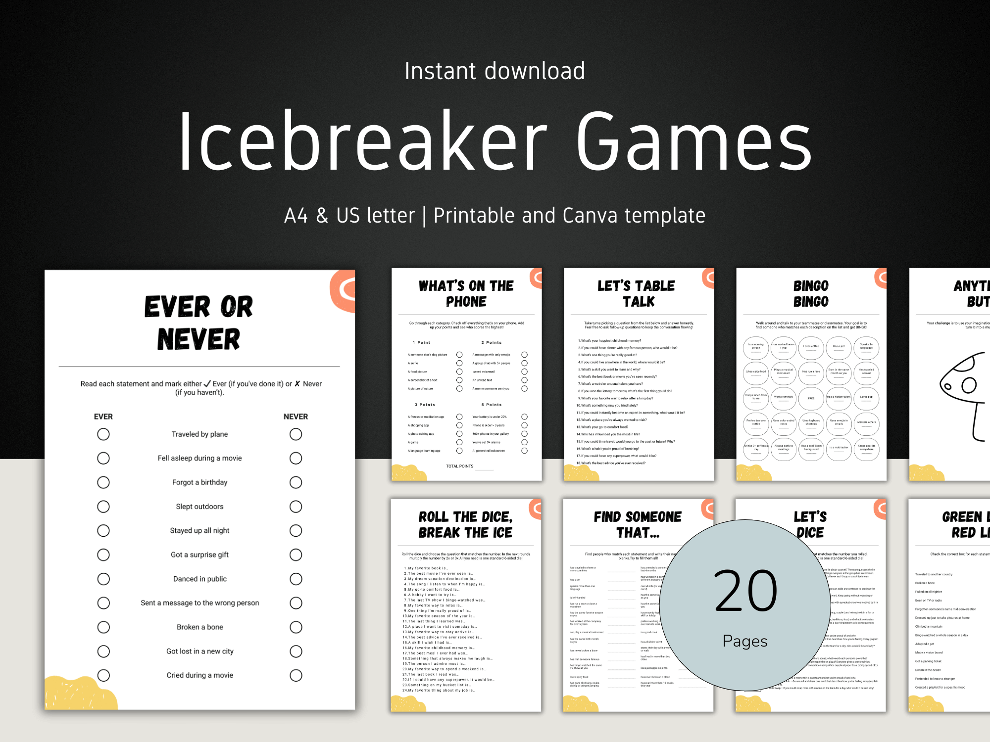 Collection of icebreaker games with a black background