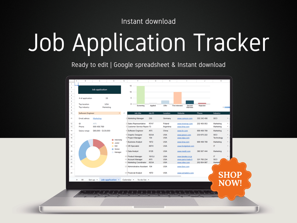 Laptop displaying a job application tracker with a 'Shop Now!' button on a dark background
