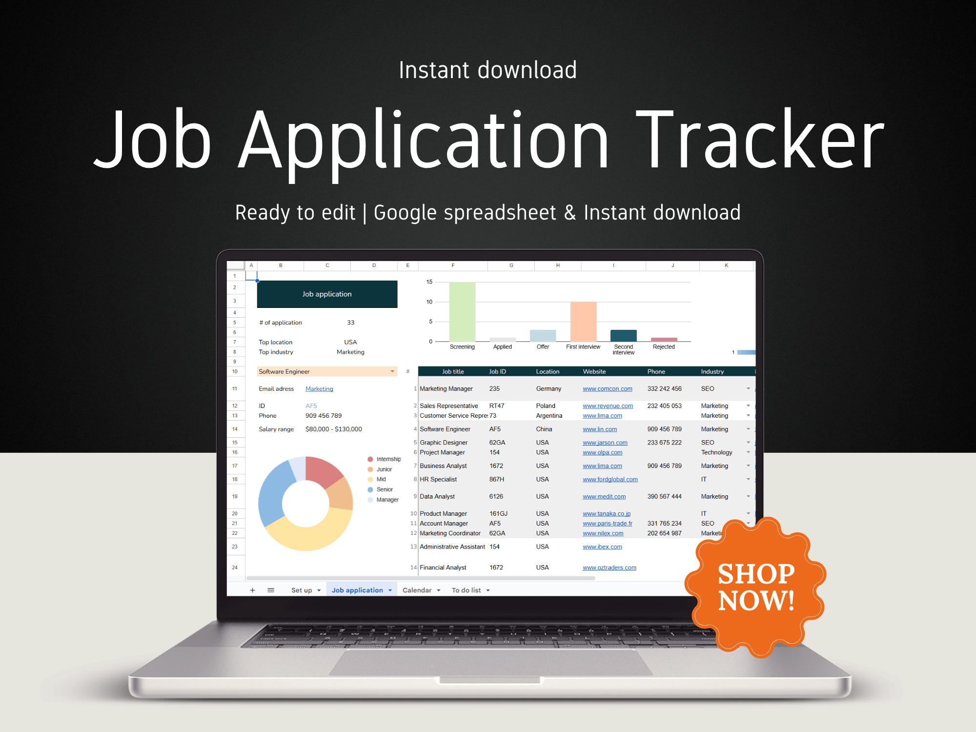 Laptop displaying a job application tracker with a 'Shop Now!' button on a dark background