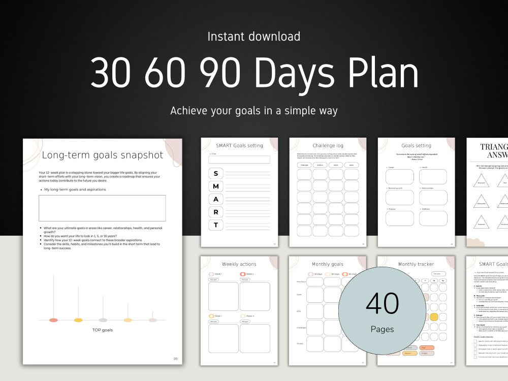 30 60 90 Days Plan with 40 pages for goal achievement on a dark background
