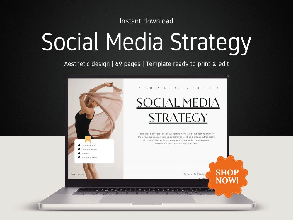 Laptop displaying a social media strategy template with 'Shop Now!' button on a dark background