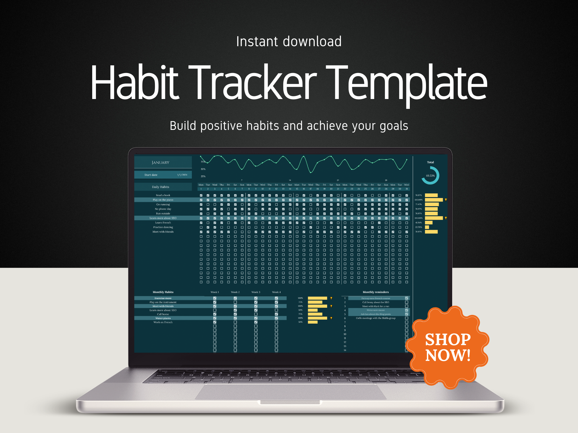 Laptop displaying a habit tracker template with a 'Shop Now!' button on a dark background