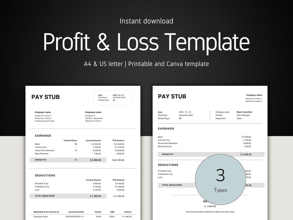 Profit and loss template with pay stub design on a dark background