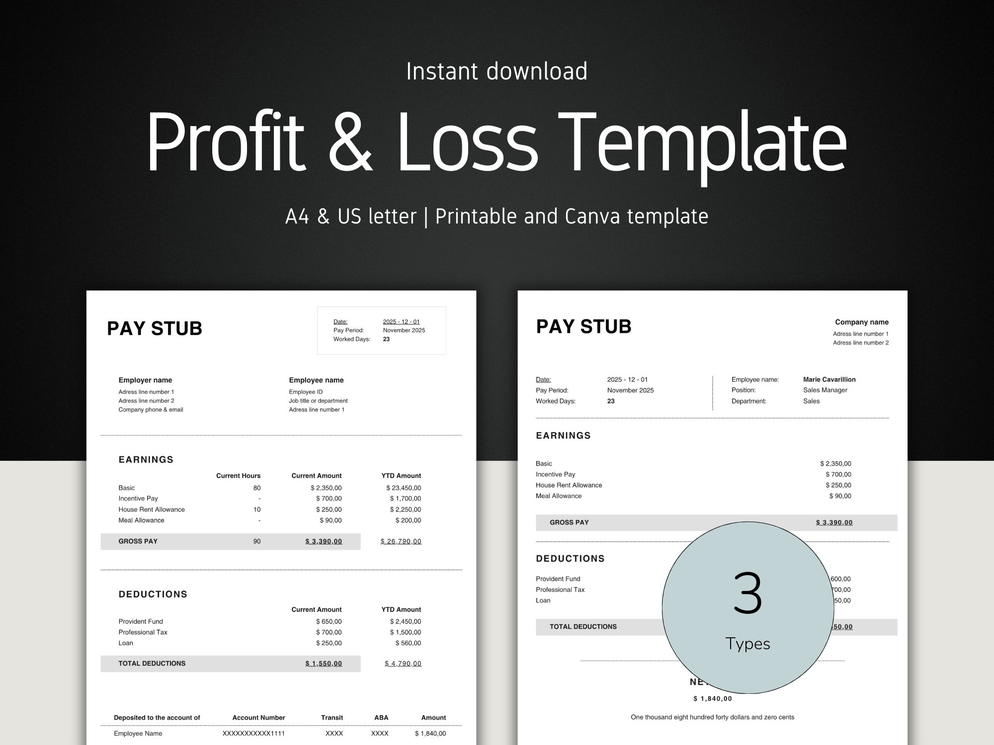 Profit and loss template with pay stub design on a dark background